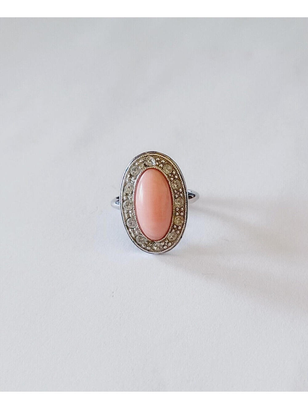 Avon Pink Cabochon Oval CZ Accent Silver Tone Ring w/ Adjuster Size 7.75